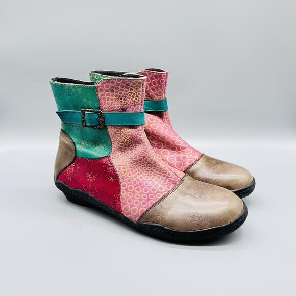 Spring Step L'Artiste Boots Women 9 Multicolor Leather Colorblock Ankle Q Indigo - Picture 2 of 13